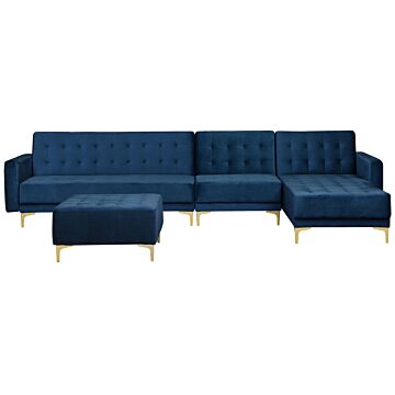Corner Sofa Bed Navy Blue Velvet Tufted Fabric Modern L-shaped Modular 5 Seater With Ottoman Left Hand Chaise Longue Beliani