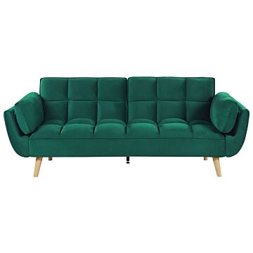 Sofa Bed Green Velvet Fabric 3 Seater Wooden Legs Foam Filling Split Back Biscuit Padding Beliani