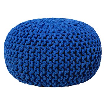 Pouf Ottoman Dark Blue Knitted Cotton Eps Beads Filling Round Small Footstool 40 X 25 Cm Beliani