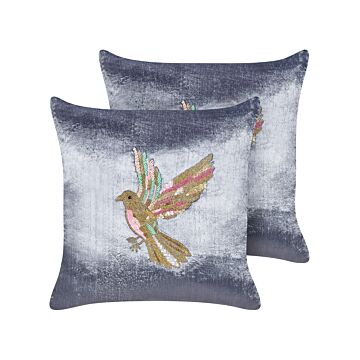 Set Of 2 Scatter Cushions Grey Velvet 45 X 45 Cm Square Handmade Throw Pillows Embroidered Animal Bird Pattern Removable Cover Beliani