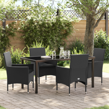 Vidaxl 5 Piece Garden Dining Set With Cushions Black Poly Rattan, Vidaxl Garden Table Black 160x80x73 Cm Tempered Glass
