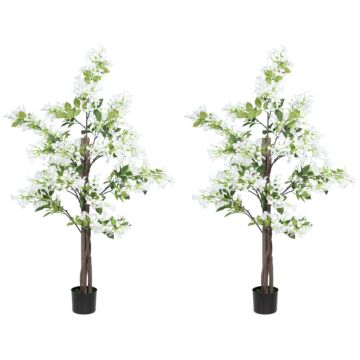 Homcom Artificial Plants Honeysuckle Flower In Pot Fake Plants With Curved Boots For Indoor Outdoor 15x15x150cm Set Of 2 White