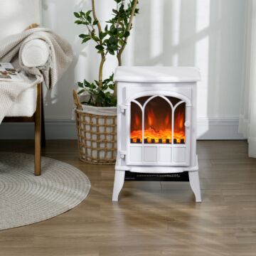 Homcom Freestanding Electric Fireplace, Electric Stove Heater With Led Flame Effect, Overheating Safety System, 1000w/2000w White