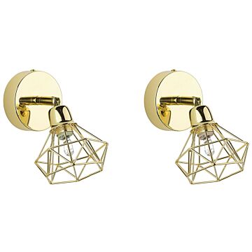 Set Of 2 Wall Lamp Gold Metal Cage Shade Adjustable Light Position Modern Beliani