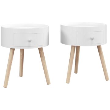 Homcom Modern Side Table, Small Coffee Table, Round Bedside Table With Drawer And Wood Legs For Living Room, Bedroom, Set Of 2, White