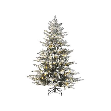 Artificial Christmas Tree White Synthetic 180 Cm Snow Frosted Flocked Hinged Branches Led Fairy Lights Holiday Beliani