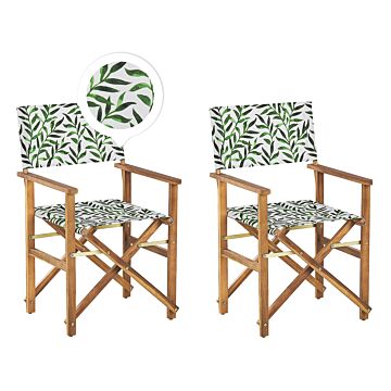 Set Of 2 Garden Director's Chairs Light Wood With Grey Acacia Leaf Pattern Replacement Fabric Folding Beliani