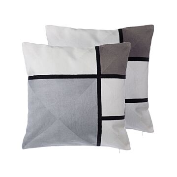 Set Of 2 Decorative Cushions Grey Fabric Rectangle Pattern 45 X 45 Cm Geometric Print Beliani