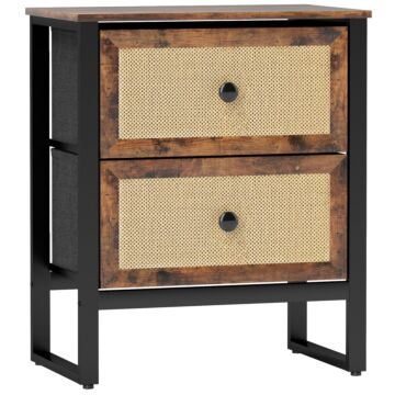 Homcom Bedside Table, Side Table With 2 Rattan Drawers, Bedside Cabinet With Storage And Steel Legs For Bedroom, Living Room, Rustic Brown