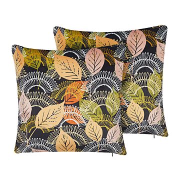 Set Of 2 Cushions Multicolour Velvet 45 X 45 Cm Leaf Pattern Print With Filling Zipper Scatter Throw Pillow Beliani