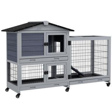 Pawhut Portable Rabbit Cage, Rabbit Hutch With Run, Wheels, 3 Slide-out Trays, Ramp, Openable Top For Outdoor Indoor - Grey