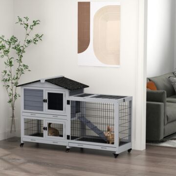 Pawhut Portable Rabbit Cage, Rabbit Hutch With Run, Wheels, 3 Slide-out Trays, Ramp, Openable Top For Outdoor Indoor - Grey