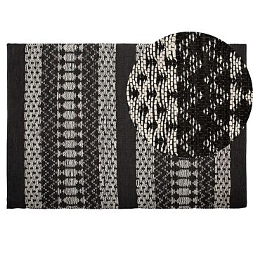 Area Rug Black With White Rectangle 140 X 200 Cm Modern Contemporary Hand Loomed Handmade Leather Cotton Beliani