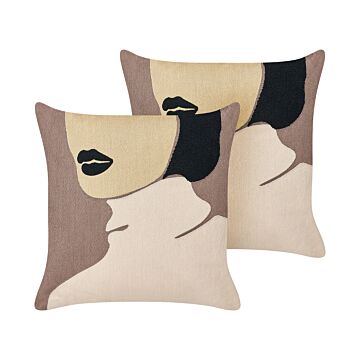 Set Of 2 Throw Cushions Brown Beige Woman Face Motif 45 X 45 Cm Decorative Pillow Home Accessory Beliani