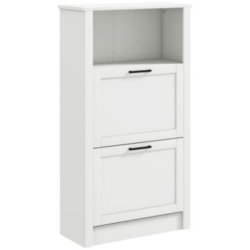 Homcom Modern Shoe Cabinet With 2 Flip Drawers And Adjustable Shelves, Narrow Shoe Storage Cabinet With Open Compartment, Holds 10 Pairs For Entryway, Hallway, White