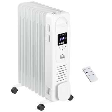Homcom 2180w Digital Oil Filled Radiator, 9 Fin, Portable Electric Heater With Led Display, 3 Heat Settings, Safety Cut-off And Remote Control, White