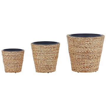 Set Of 3 Plant Pots Natural Water Hyacinth Weave Round Synthetic Inserts Indoor Outdoor Boho Rustic Style Beliani