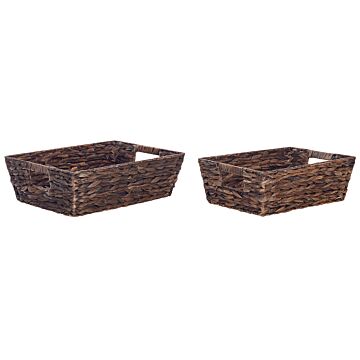 Set Of 2 Storage Baskets Brown Water Hyacinth Handmade With Handles Shelving Box Retro Design Beliani