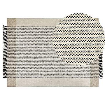 Rug Beige And Black Wool Cotton 140 X 200 Cm Hand Woven Flat Weave With Tassels Beliani