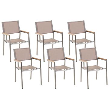Set Of 6 Garden Dining Chairs Beige And Silver Textile Seat Stainless Steel Legs Stackable Outdoor Resistances Beliani