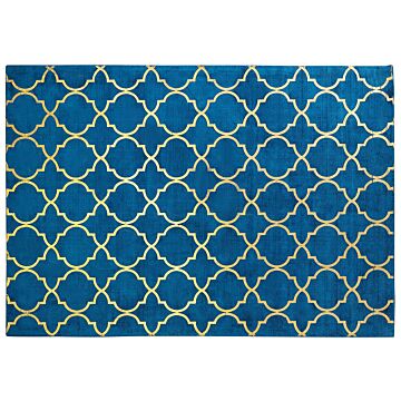 Rug Blue With Gold Quatrefoil Pattern Viscose With Cotton 160 X 230 Cm Style Modern Glam Beliani