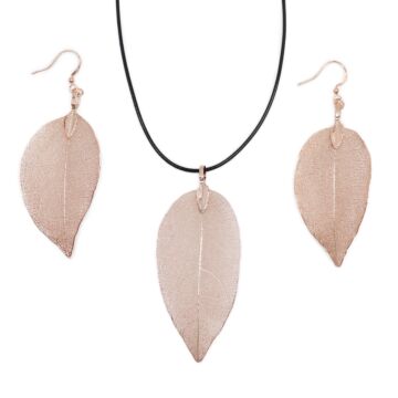 Necklace & Earring Set - Bravery Leaf - Pink Gold