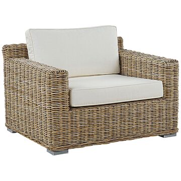 Garden Armchair Wicker Rattan Outdoor Chair With White Cushions Modern Beliani