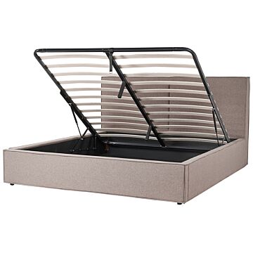 Eu King Size Panel Bed 6ft Taupe Fabric Upholstery Storage Ottoman Slatted Frame Contemporary Modern Bedroom Beliani