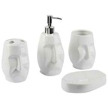 Bathroom Accessories Set White Dolomite Boho Face-shaped Soap Dispenser Soap Dish Toothbrush Holder Container Tumbler Beliani
