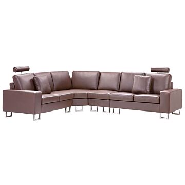 Corner Sofa Brown Leather Upholstery 6 Seater Right Hand L-shape With Adjustable Headrests Beliani