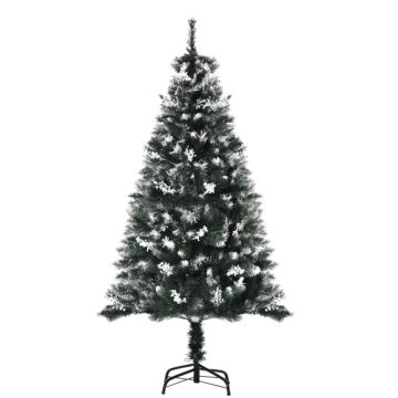 Homcom 5ft Artificial Snow Dipped Christmas Tree Xmas Pencil Tree With Foldable Feet White Berries Dark Green