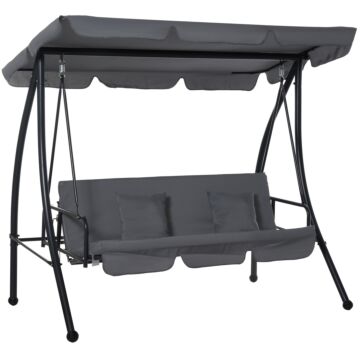 Outsunny 2-in-1 Patio Swing Chair Lounger 3 Seater Garden Swing Seat W/ Convertible Tilt Canopy And Cushion, Dark Grey