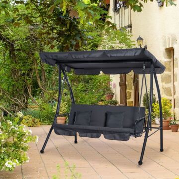 Outsunny 2-in-1 Patio Swing Chair Lounger 3 Seater Garden Swing Seat W/ Convertible Tilt Canopy And Cushion, Dark Grey