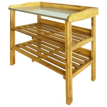 Vidaxl Potting Bench With 2 Shelves Solid Acacia Wood And Zinc