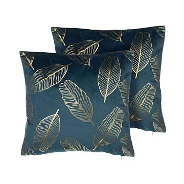 Set Of 2 Decorative Cushions Blue Velvet Leaf Pattern 45 X 45 Cm Gold Foil Print Decor Accessories Beliani