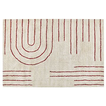 Area Rug Beige And Red Cotton 140 X 200 Cm Scandinavian Minimalist Pattern Rectangular Beliani