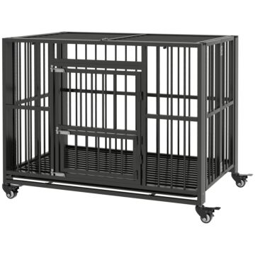 Pawhut 43" Heavy Duty Dog Crate, Foldable Dog Cage, With Openable Top, Locks, Removable Tray, Wheels - Black