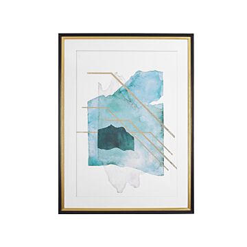 Framed Wall Print Blue And Gold Paper Watercolour Aquarelle Effect 60 X 80 Cm Beliani