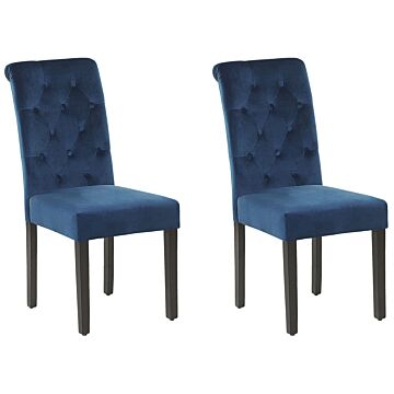 Set Of 2 Dining Chairs Blue Velvet Fabric With Decorative Ring Glam Modern Design Black Wooden Legs Beliani