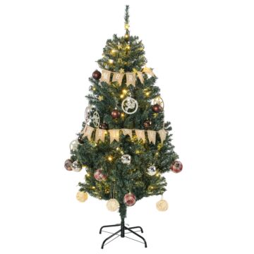 Homcom 5' Artificial Prelit Christmas Trees Holiday Décor With Warm White Led Lights, Decoration, Banner, Tag, Ball