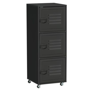 Homcom Rolling Storage Cabinet 3-tier Mobile File Cabinet With Wheels & Metal Doors For Home Office, Living Room, Black