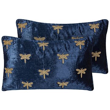 Set Of 2 Decorative Cushions Navy Blue Velvet 30 X 50 Cm Animal Pattern Dragonfly Motif Modern Glamour Living Room Bedroom Pillow Beliani