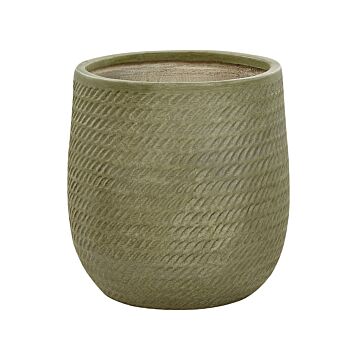 Plant Pot Green Fibre Clay ⌀ 39 Cm Round Outdoor Flower Pot Embossed Pattern Beliani