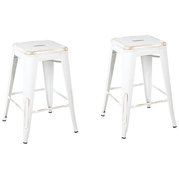 Set Of 2 Bar Stools White With Gold Steel 60 Cm Stackable Counter Height Industrial Beliani
