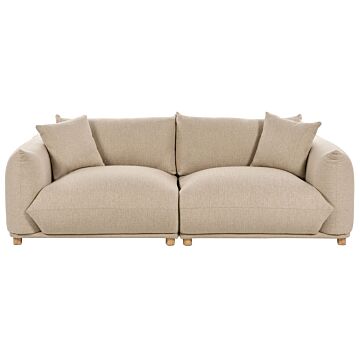 Fabric Sofa Light Beige Polyester Upholstery 3 Seater With Scatter Cushions Living Room Settee Beliani