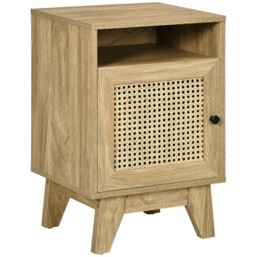 Homcom Bedside Table With Rattan Element, Side End Table With Shelf And Cupboard, 39cmx35cmx60cm, Natural
