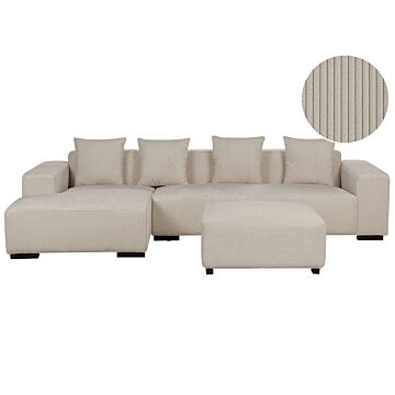 Right Hand Corner Sofa With Ottoman Beige Corduroy L-shaped 4 Seater Jumbo Cord With Throw Pillows Modern Design Beliani