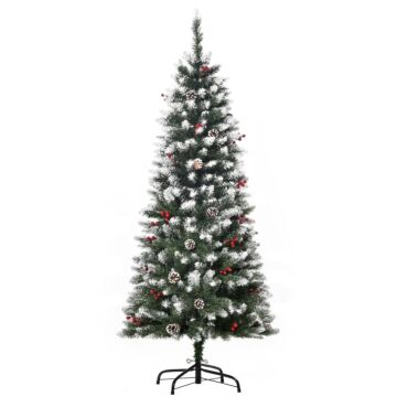 Homcom 5ft Artificial Christmas Tree Xmas Pencil Tree With Red Berries And Pine Cones; And Foldable Feet