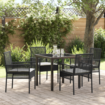 Vidaxl 5 Piece Garden Dining Set With Cushions Black Poly Rattan