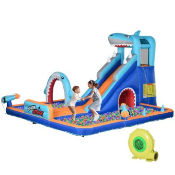 Outsunny 6 In 1 Shark-themed Bouncy Castle, Inflatable Water Park, With Slide, Pool, Trampoline, Blower, For Ages 3-8 Years